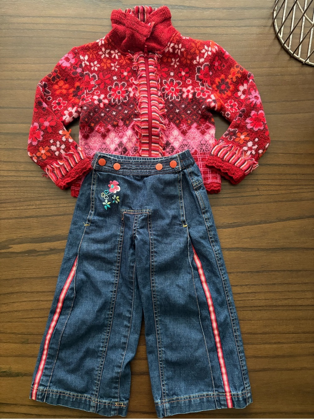 Oilily Red Floral Knit Zip Sweater with Denim Embroidered Pants